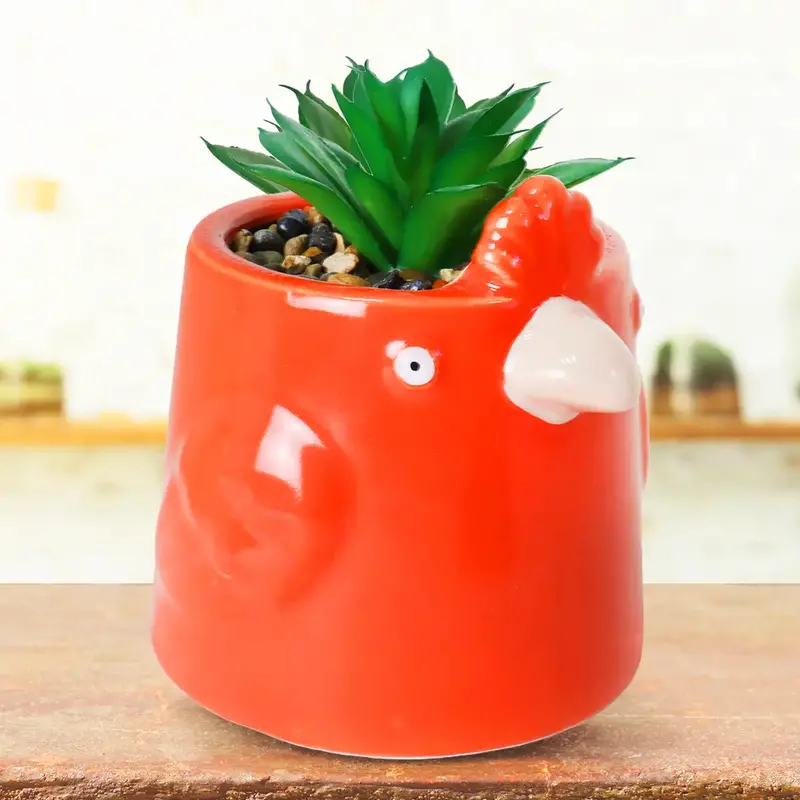Maceta De Pã¡Jaro Con Mini Planta Artificial, Color Naranja 2