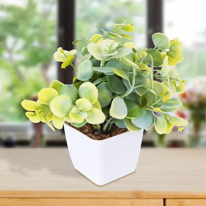 Maceta Decorativa Con Eucalipto Artificial, Color Verde Con Amarillo 1