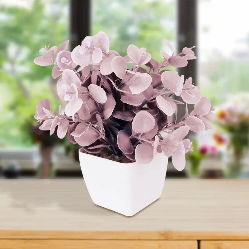 Maceta Decorativa Con Eucalipto Artificial, Color Verde Con Rosa 2