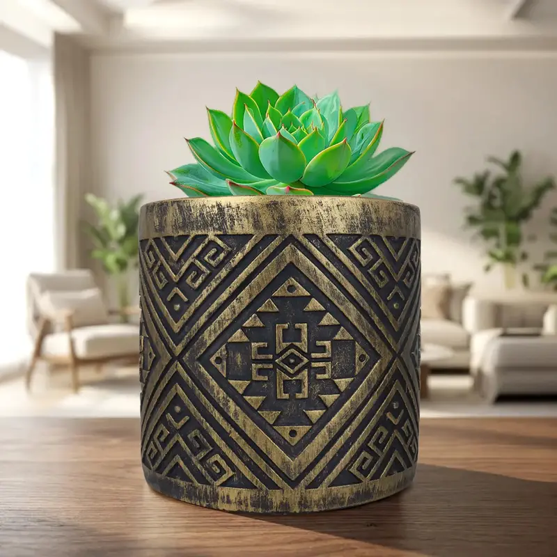 Maceta, Diseño Patrón, Color Negro Y Oro 1