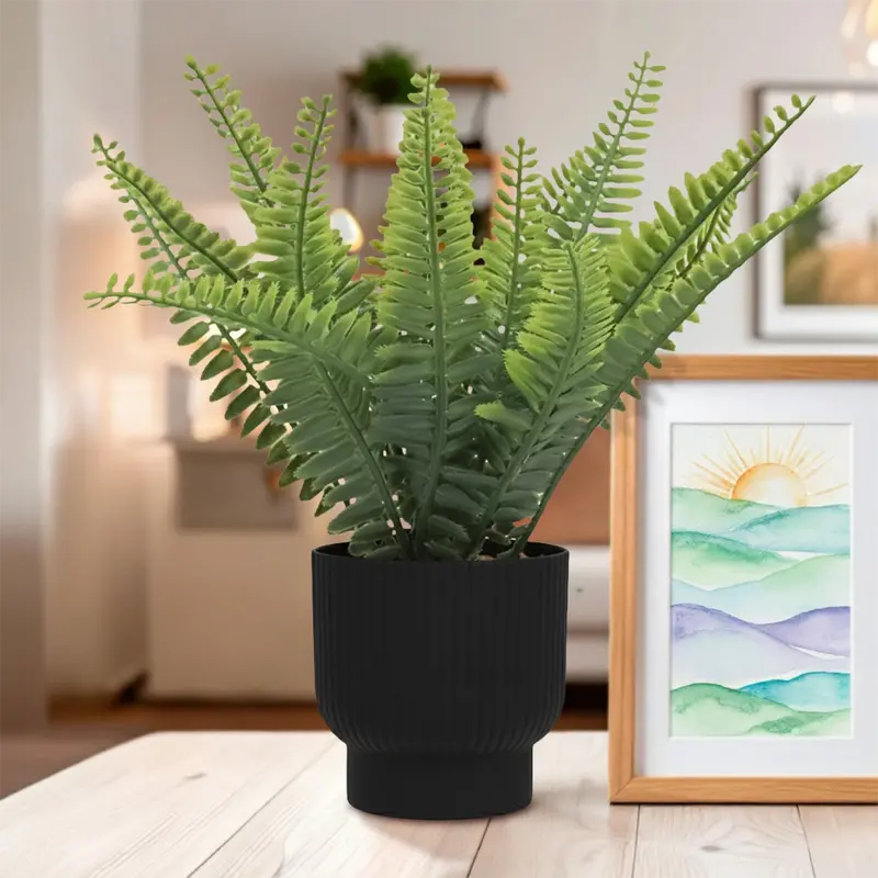 Maceta Negra Con Helecho, Planta Artificial 1