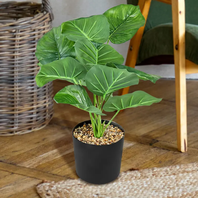 Maceta Negra Con Planta Hoja Verde Artificial 1