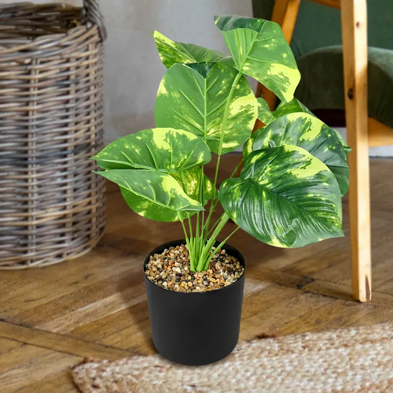 Maceta Negra Con Planta Monstera Obliqua Artificial, Color Verde 1