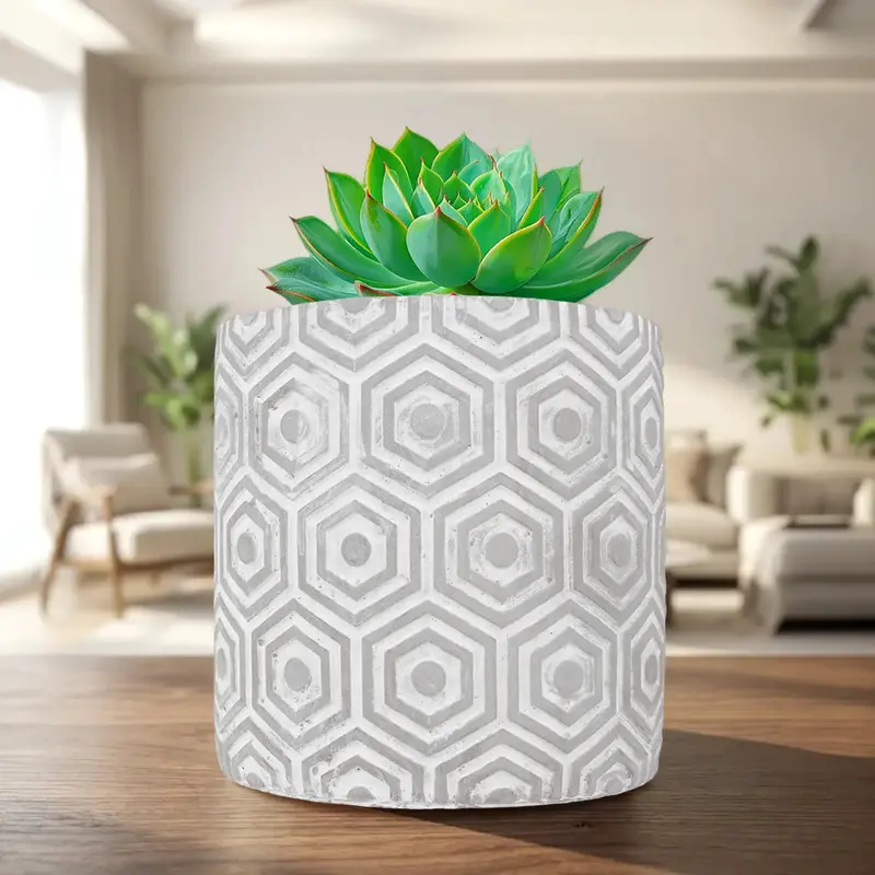 Maceta Textura Hexagonal, Color Blanco Y Gris 1