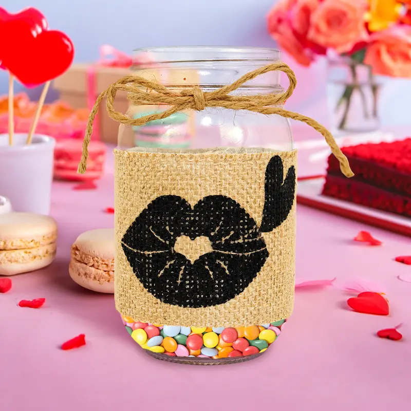 Mason Jar De Vidrio Decorado Con Yute, Beso 1