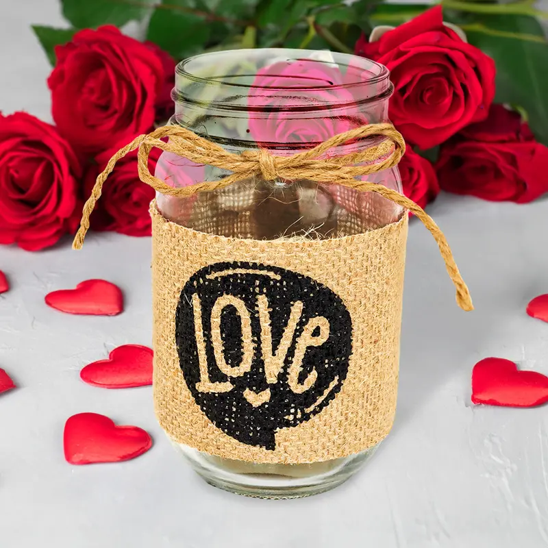 Mason Jar De Vidrio Decorado Con Yute, "Love" 1