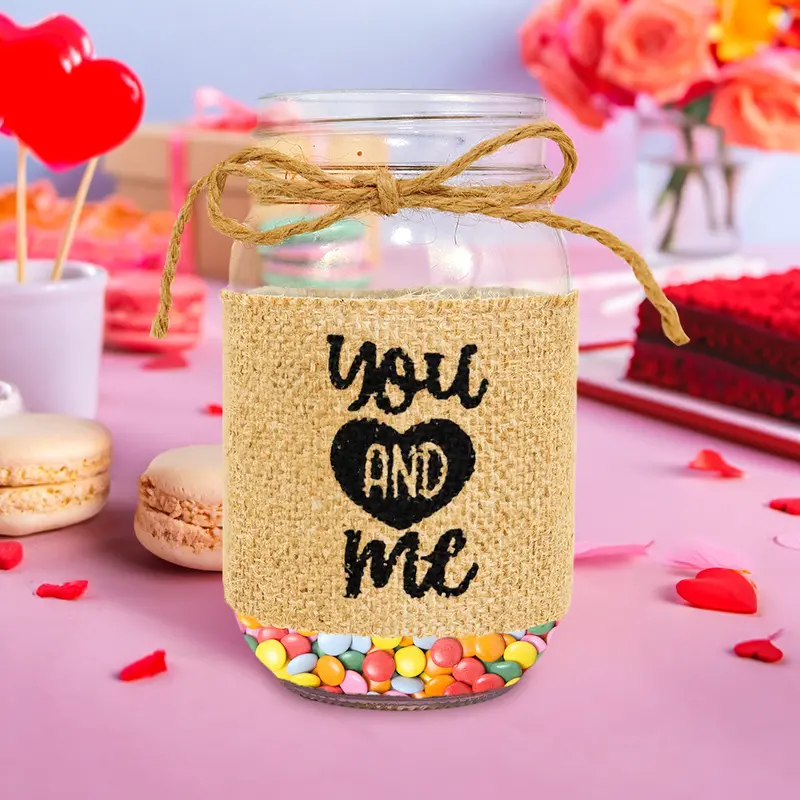 Mason Jar De Vidrio Decorado Con Yute, "You And Me" 1