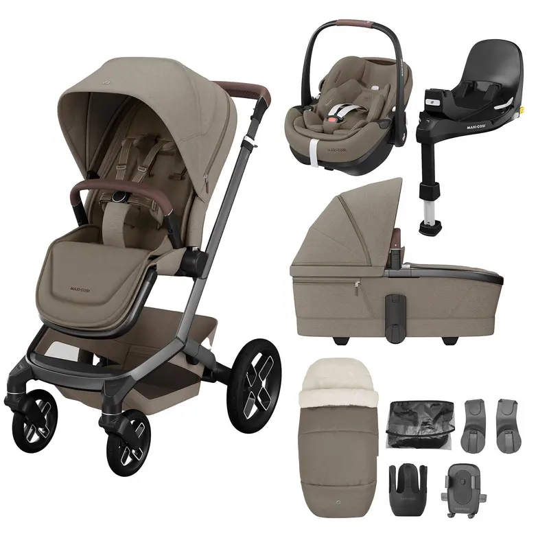 Maxi-Cosi Fame 9 Piece Premium Bundle In Twillic Truffle (Black Wheels) 1