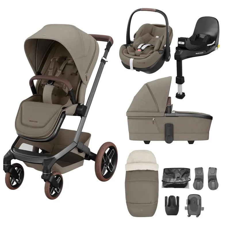 Maxi-Cosi Fame 9 Piece Premium Bundle In Twillic Truffle (Brown Wheels) 1