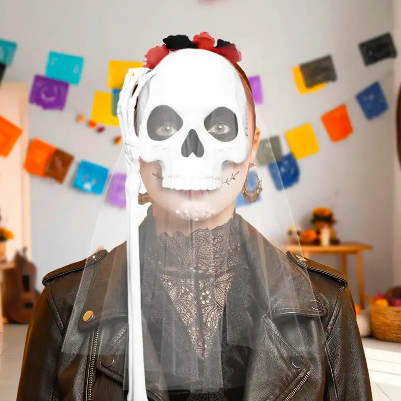 Media Máscara, Cráneo Con Velo, Disfraz De Halloween 1
