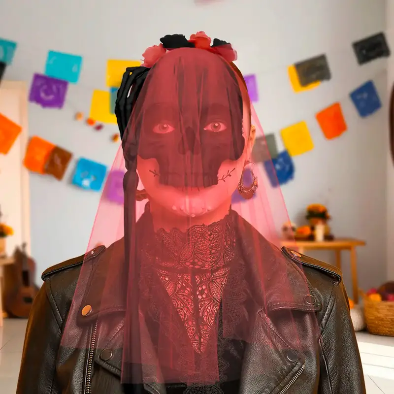 Media Máscara, Cráneo Negro Con Velo, Disfraz De Halloween 1