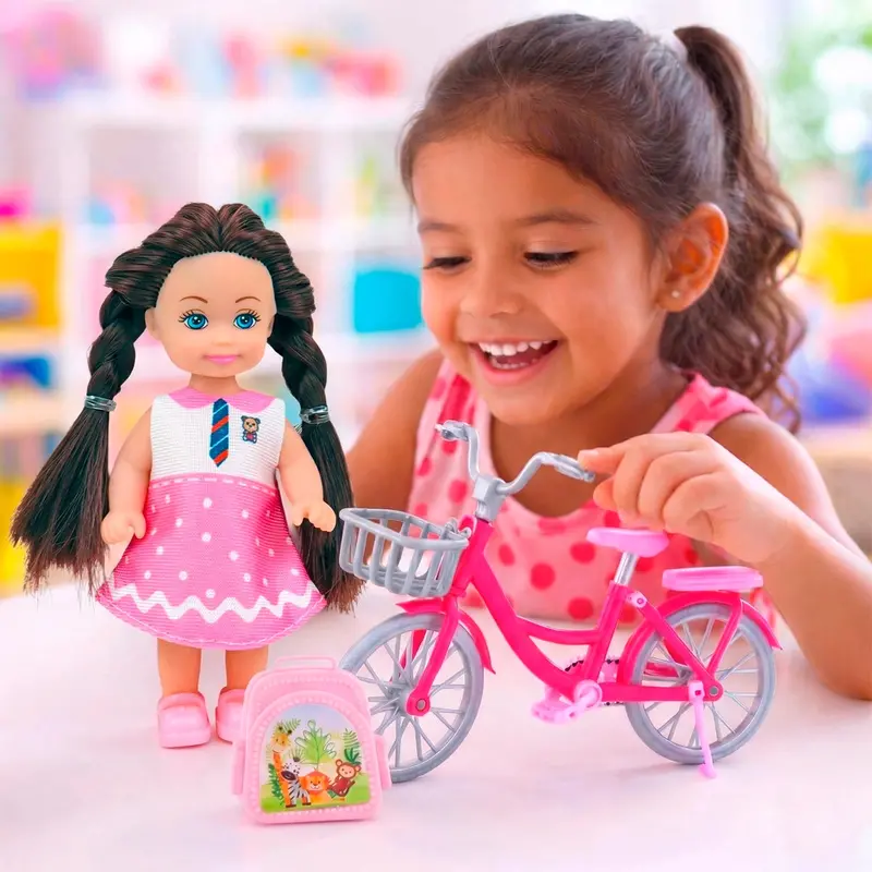 Mini Muñeca Con Bicicleta, Color Rosa Y Blanco 1