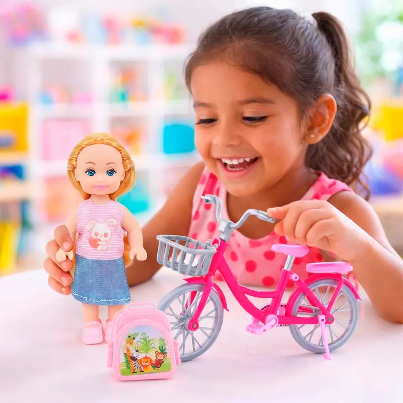 Mini Muñeca Con Bicicleta Y Mochila, Color Rosa 1