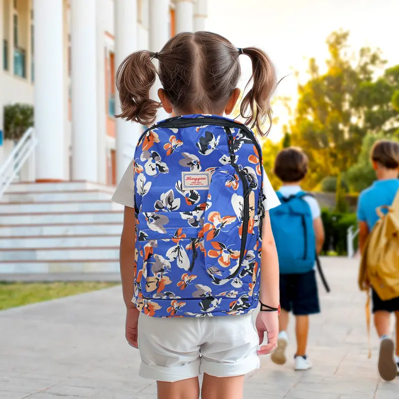 Mochila Con Diseño De Flores, Color Azul Con Gris 1