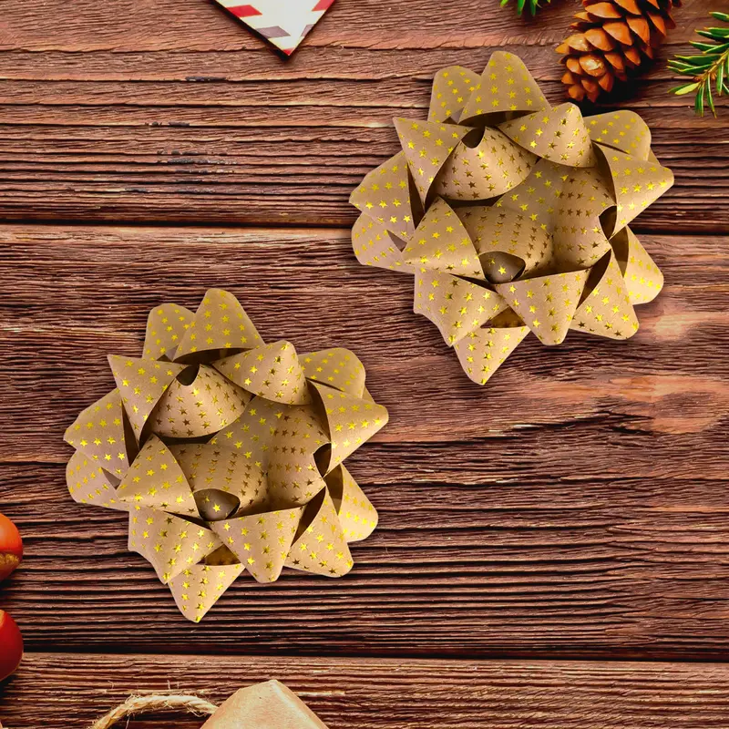 Moños Para Regalo De Papel Kraft Con Estrellas Color Oro 2