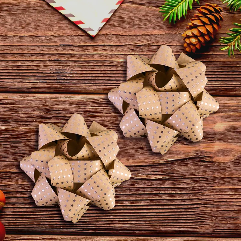 Moños Para Regalo De Papel Kraft Con Estrellas Color Plata 2