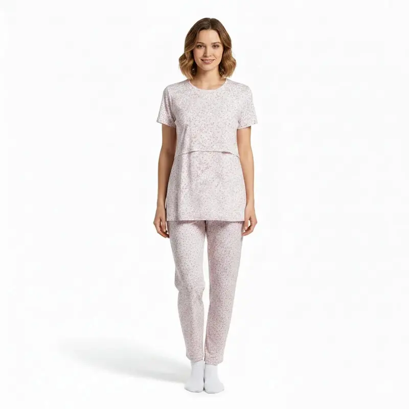 Mother Maternity Pyjama Set Floral Print Crew Neck Short Sleeve - Ecru Printed 1