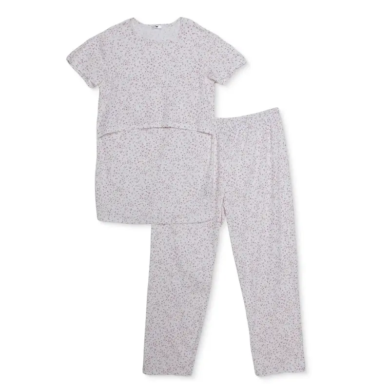 Mother Maternity Pyjama Set Floral Print Crew Neck Short Sleeve - Ecru Printed 2