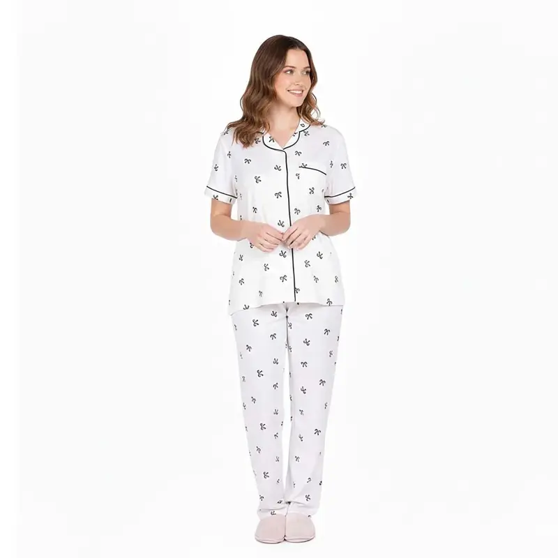 Mother Pyjama Set Bow Print Snap Fastening Shirt Collar - Ecru 1