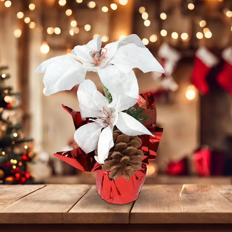 Nochebuena Artificial Color Blanco Con Maceta Decorativa 2