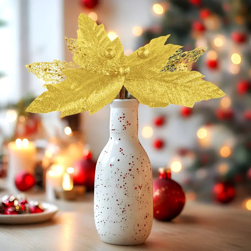 Nochebuena Artificial Color Oro Con Diamantina 1