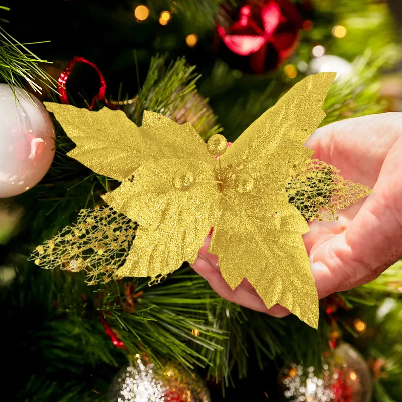 Nochebuena Artificial Color Oro Con Diamantina 2