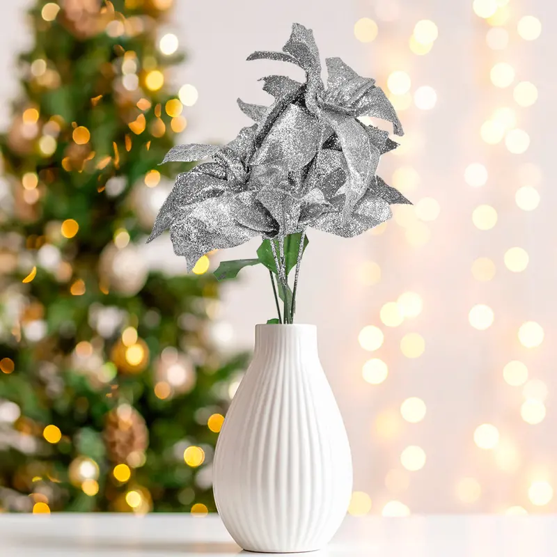 Nochebuena Artificial Con Glitter, Color Plata 1