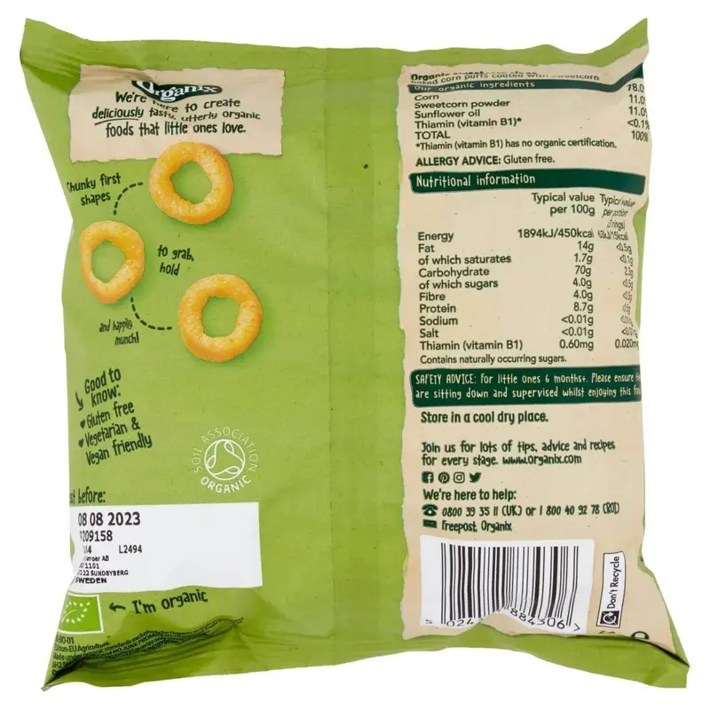 Organix Melty Sweetcorn Rings 6+ Months 20G 2