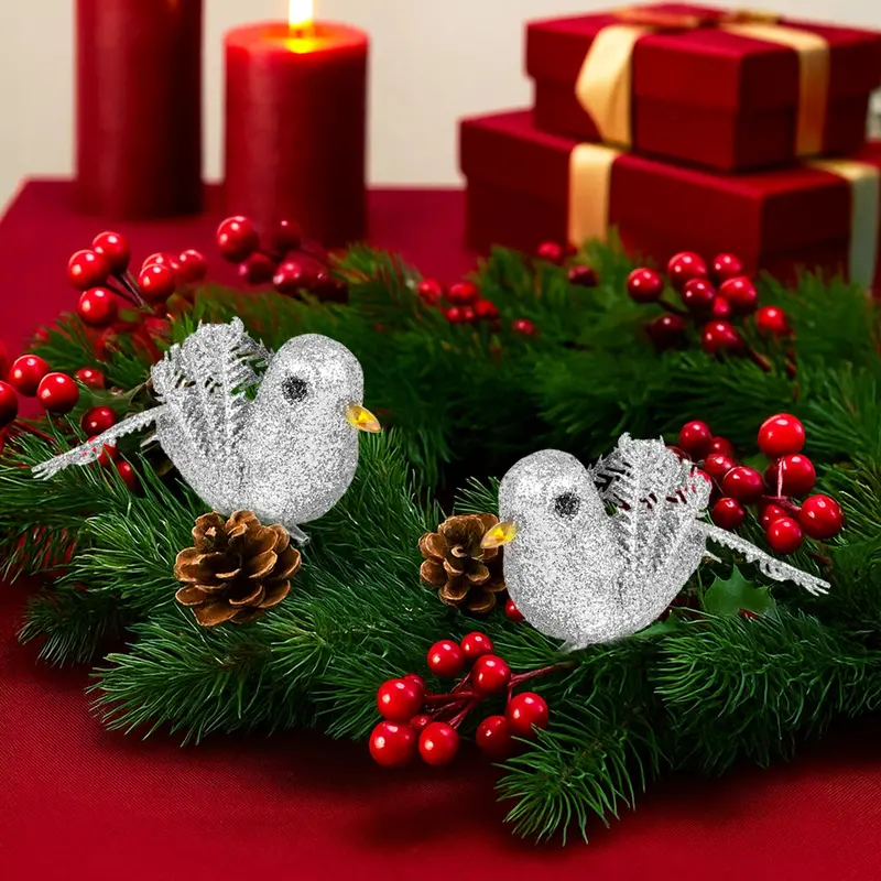Ornamento Navideño De Pájaro, Color Plata, 2 Pzas 1