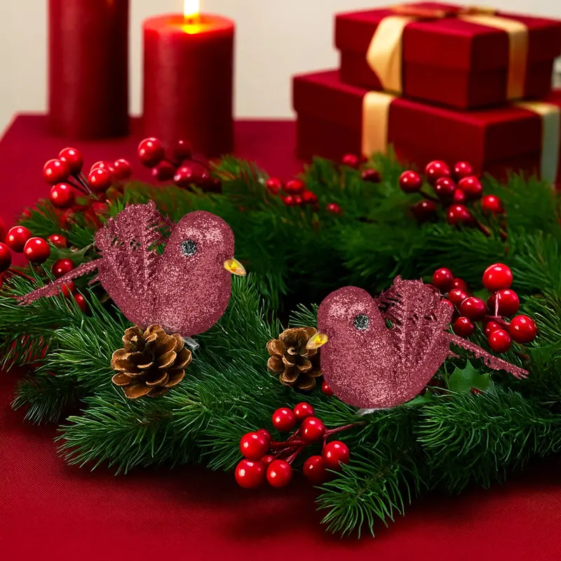Ornamento Navideño De Pájaro, Color Vino, 2 Pzas 1
