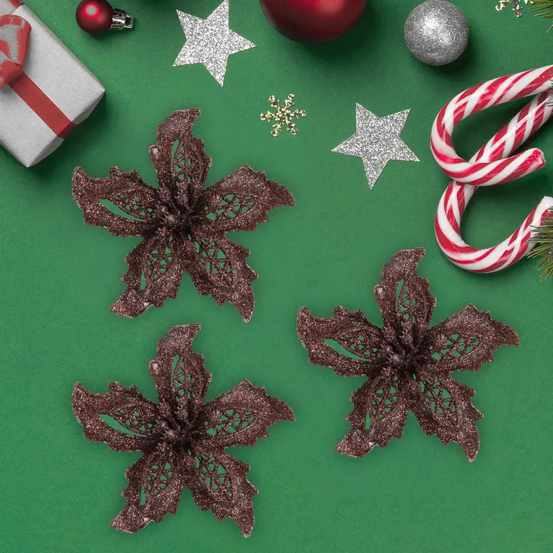 Ornamento Navideño En Forma De Flor, Color Café, 3 Pzas 1