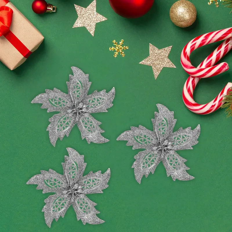 Ornamento Navideño En Forma De Flor, Color Plata, 3 Pzas 1