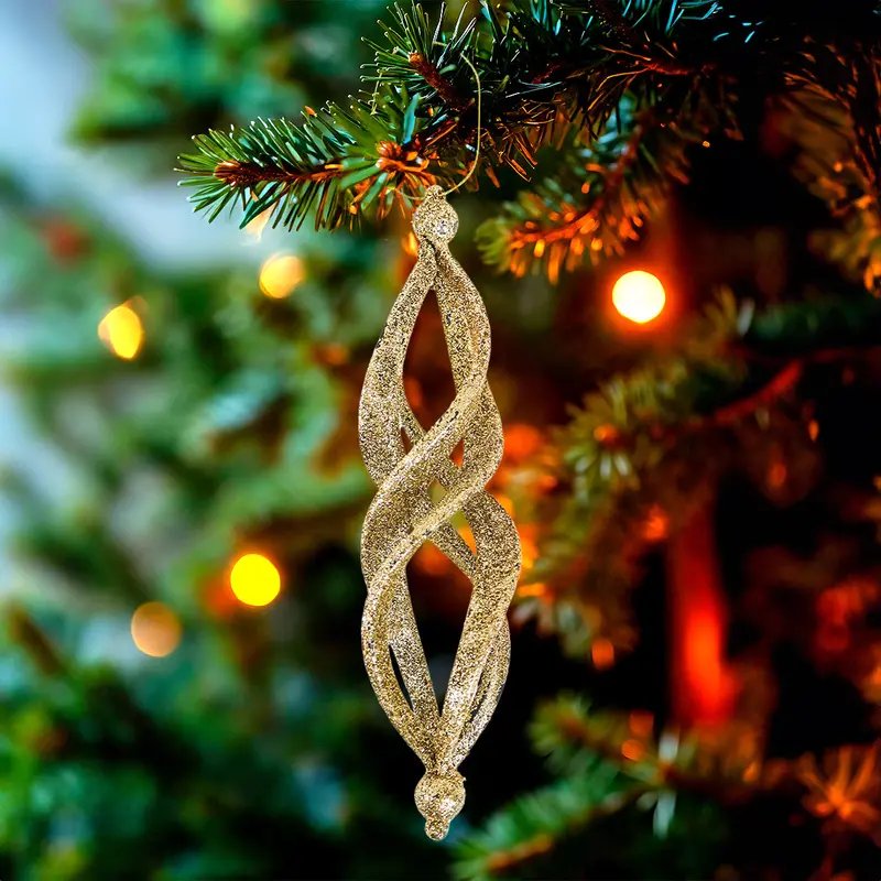 Ornamentos Navideños Con Glitter, Forma Alargada, Color Dorado, 2 Pzas 2