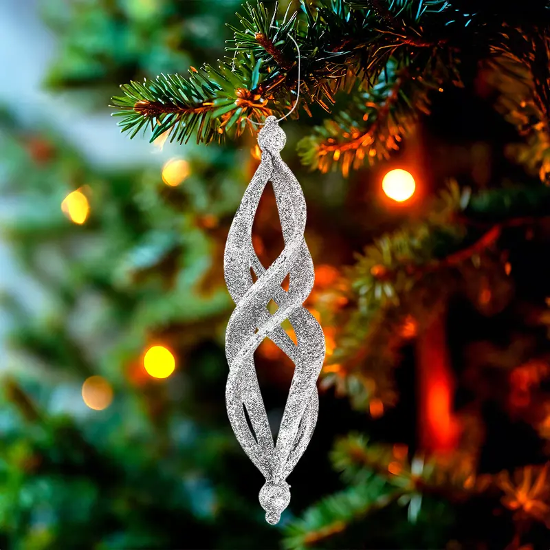 Ornamentos Navideños Con Glitter, Forma Alargada, Color Plata, 2 Pzas 2