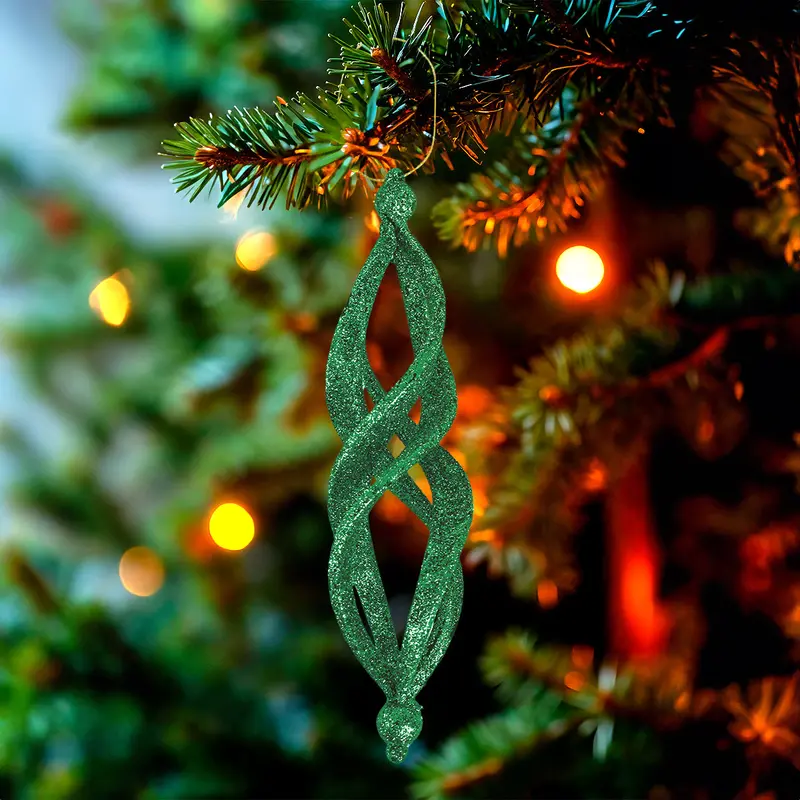 Ornamentos Navideños Con Glitter, Forma Alargada, Color Verde, 2 Pzas 2