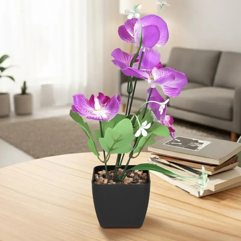 Orquídea Mariposa Artificial Con Maceta, Color Morado Y Blanco 1