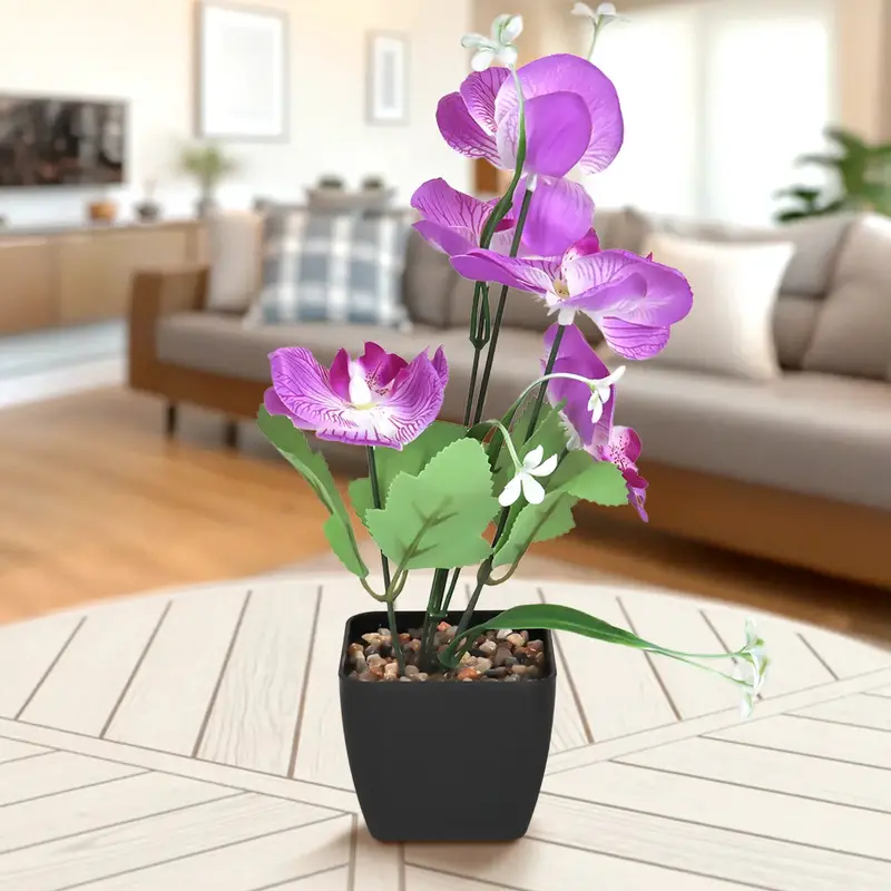 Orquídea Mariposa Artificial Con Maceta, Color Morado Y Blanco 2