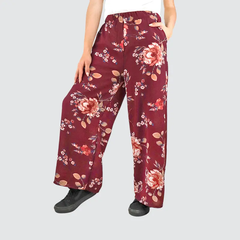 Pantalón Casual Con Estampado De Flores Para Dama, Color Vino 1