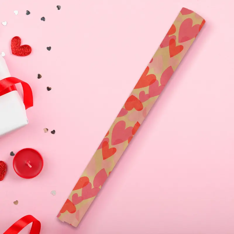 Papel De Regalo Kraft De Corazones, Color Rojo Con Rosa 2