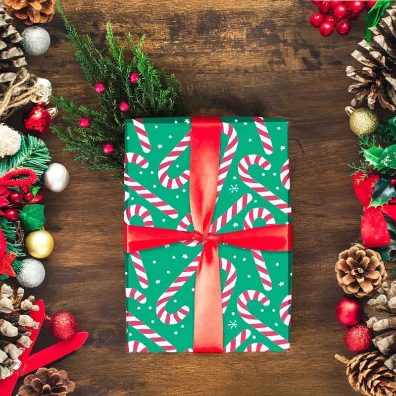 Papel Navideño Para Envolver Regalos, Bastones, Color Verde 1