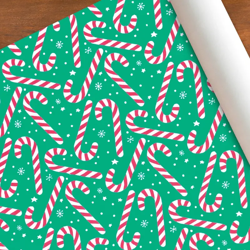 Papel Navideño Para Envolver Regalos, Bastones, Color Verde 2