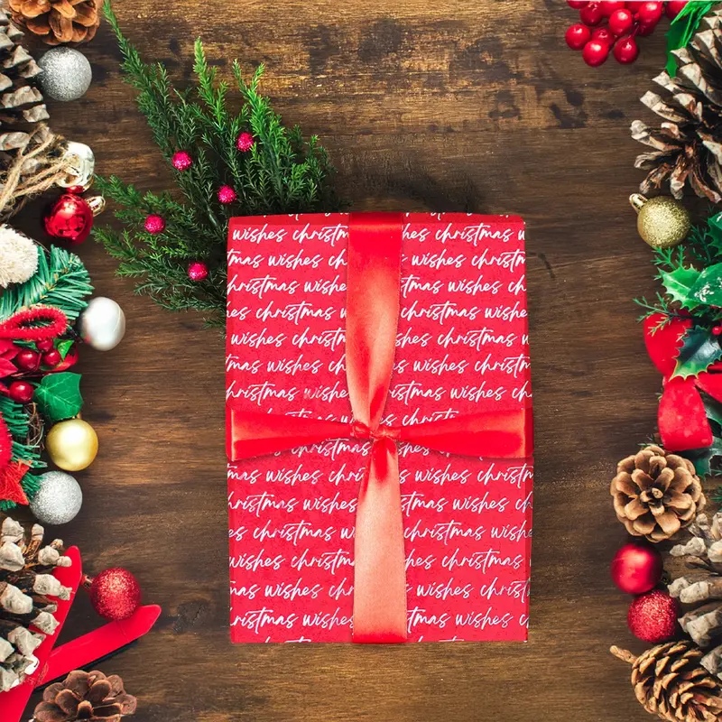 Papel Navideño Para Envolver Regalos, Christmas Wishes, Color Rojo 1