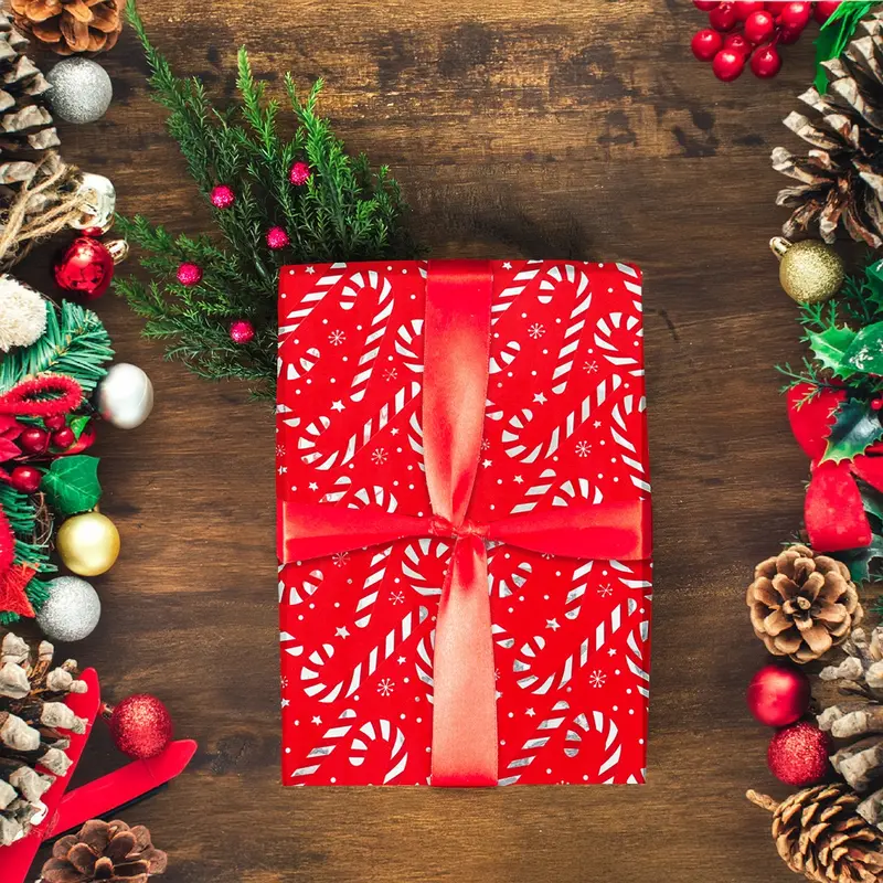 Papel Navideño Para Envolver Regalos, Color Rojo, Bastones 1