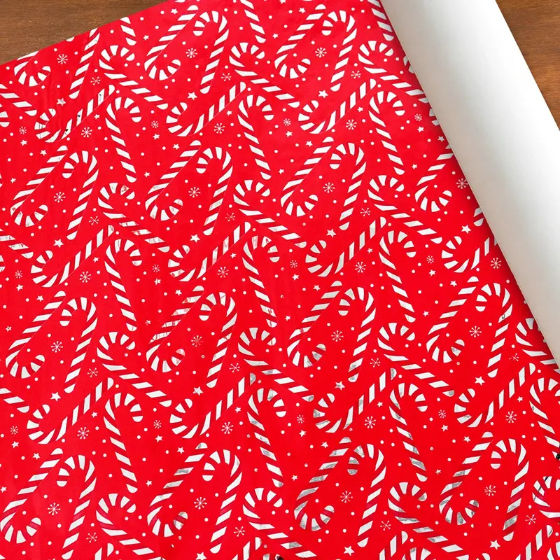 Papel Navideño Para Envolver Regalos, Color Rojo, Bastones 2