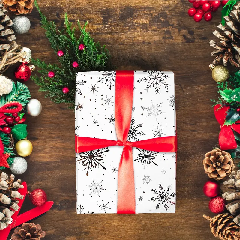 Papel Navideño Para Envolver Regalos, Copos De Nieve, Color Blanco 1