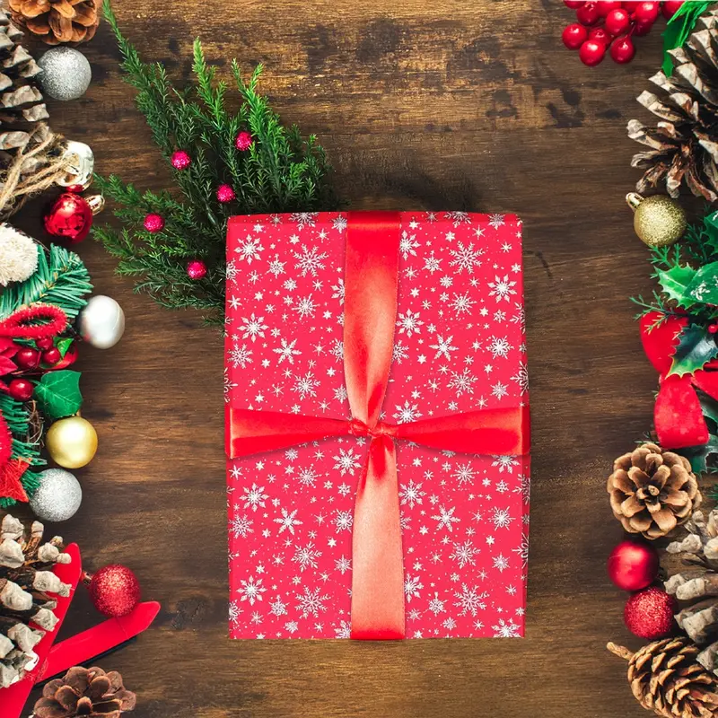 Papel Navideño Para Envolver Regalos, Copos De Nieve, Color Rojo 1