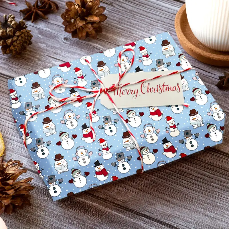 Papel Para Envolver Regalos Navideño, Muñeco De Nieve, Color Azul 2