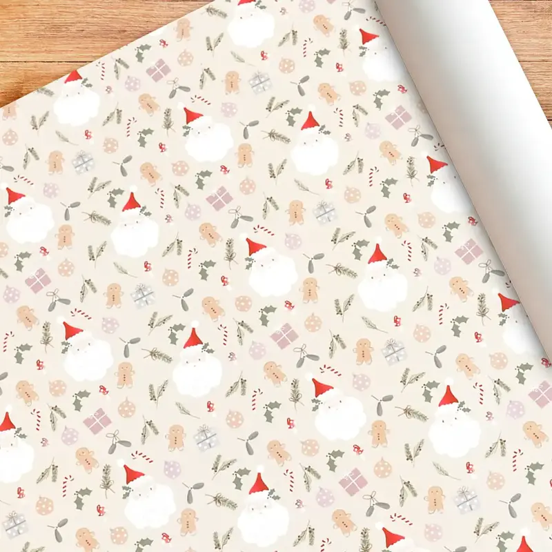 Papel Para Envolver Regalos Navideño, Santa Claus, Color Beige 2