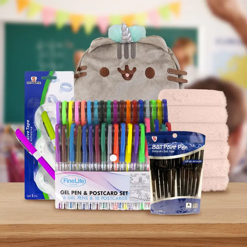 Paquete Escolar Con 3 Cintas Adhesivas, 1 Mochila, 36 Bolígrafos De Gel, 1 Libreta, 1 Set De Bolígrafos Retráctil Y 12 Bolígrafos Escolares 1