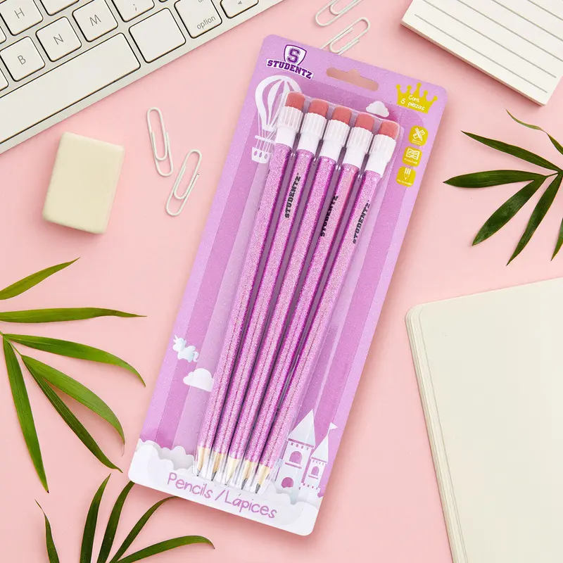 Paquete Lápices Diseño Glitter Princesa Rosa 5 Pz. 1